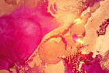 Luxury abstract fluid art alcohol ink pattern with marble texture. Modern pink, magenta and gold background with paint splash and golden glitter for poster, flyer, brochure design.