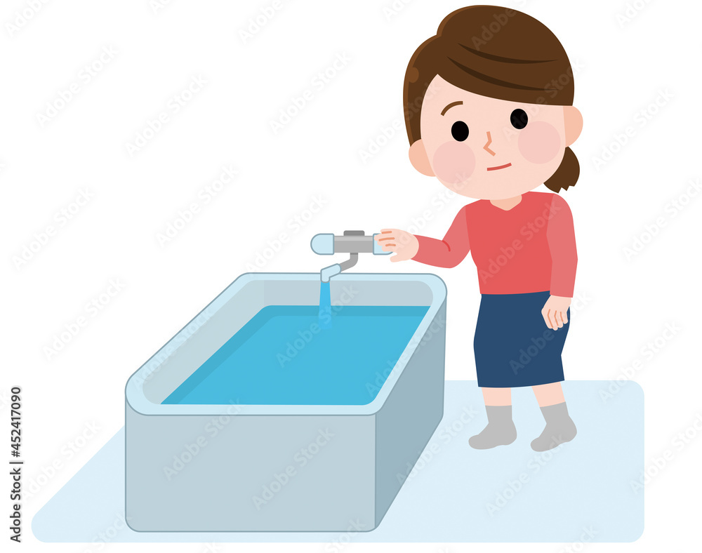 災害対策 お風呂の水を浴槽に溜める女性 イラスト 災害対策 お風呂の水を浴槽に溜める女性 イラスト