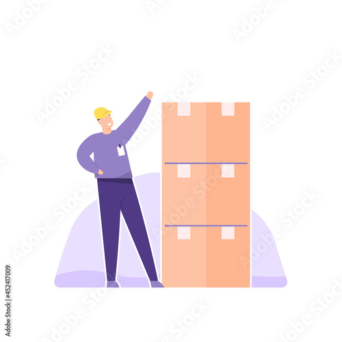 inventory staff, warehouse clerk, goods inventory supervisor. illustration of a male worker arranging or tidying cardboard boxes. flat style. vector design