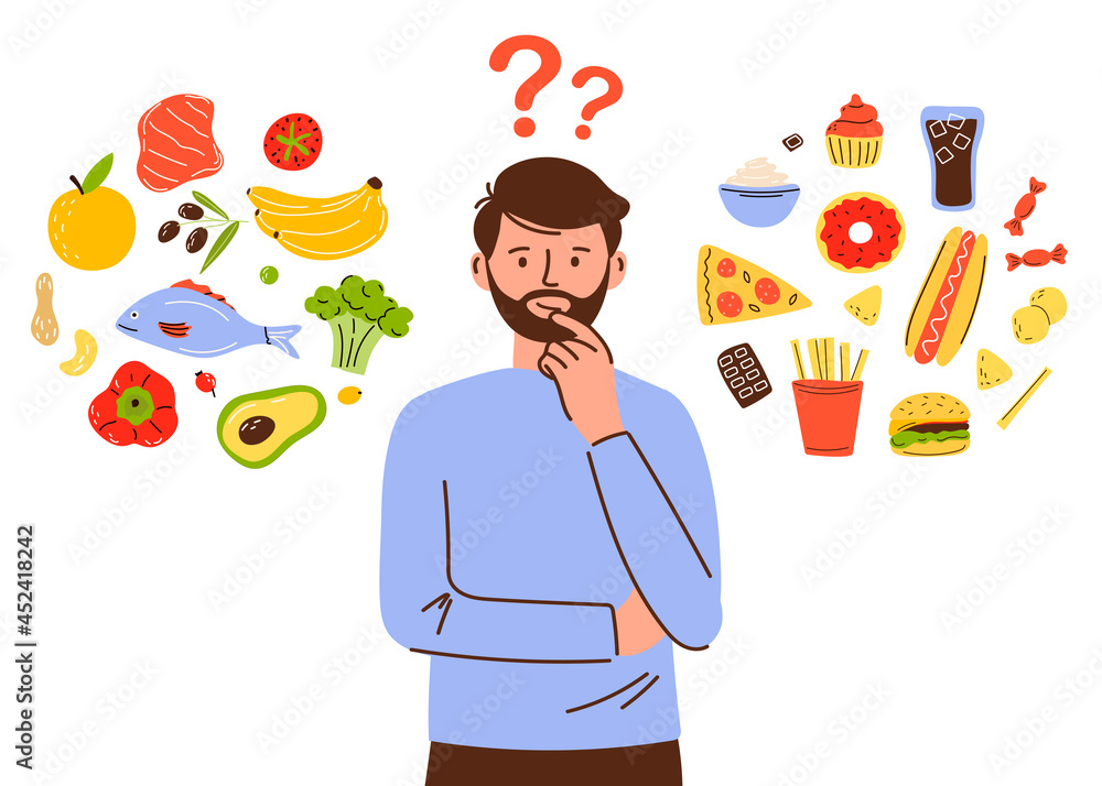 Man character chooses between healthy and unhealthy food. Comparing fast food and balanced menus. Healthy food concept. Man character chooses between healthy and unhealthy food. Comparing fast food and balanced menus. Healthy food concept.