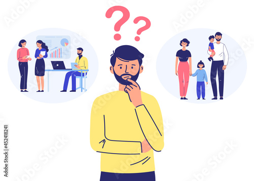 A young man chooses between family and career. The question is about the balance of life and work, about children and professional opportunities.
