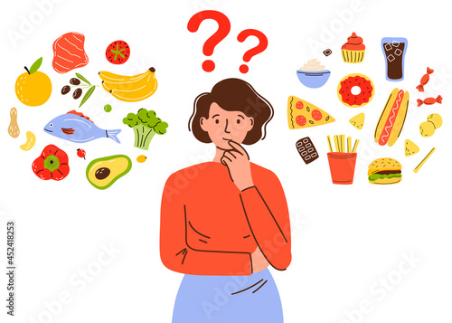 Girl character chooses between healthy and unhealthy food. Comparing fast food and balanced menus. Healthy food concept.