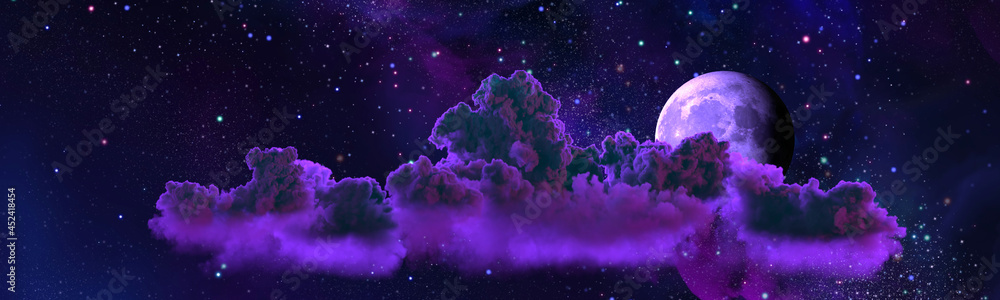 Obraz premium background - panoramic huge clouds and moon . nature 3D rendering