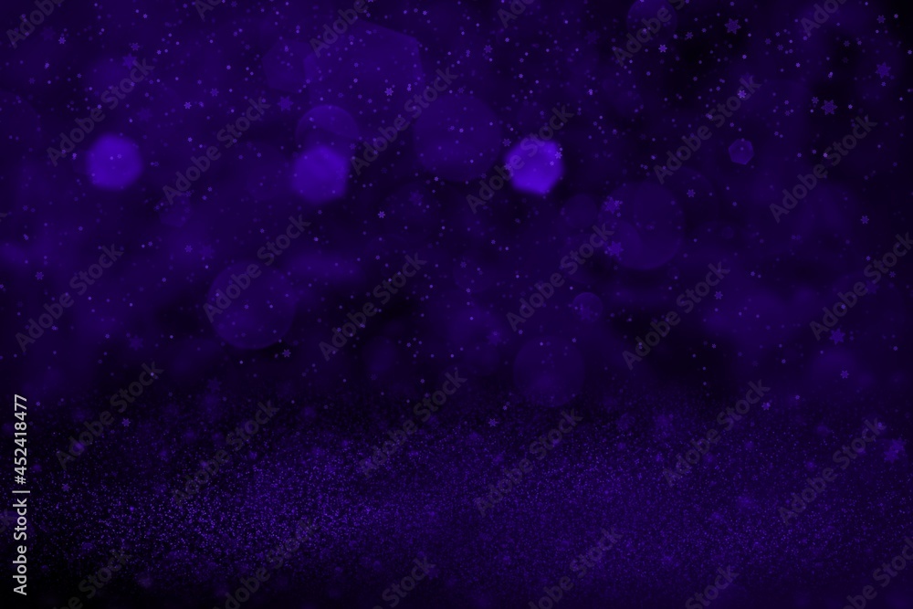 purple nice shiny glitter lights defocused bokeh abstract background and falling snow flakes fly, celebratory mockup texture with blank space for your content