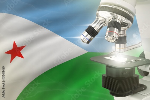 Microscope on Djibouti flag background - science development concept. Research in pharmacy or healthcare 3D illustration of object