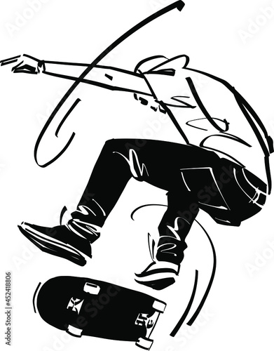 the vector sketch of the skateboarder jumping on a skateboard