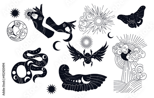 Mystical set of tattoos or stickers. Celestial bodie and animal with esoteric symbols in boho style. Design elements for body decoration and printing. Vintage vector collection on white background