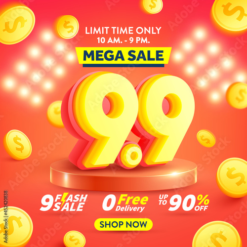 9.9 Shopping day Poster or banner with flying gold coins.Sales banner template design for social media and website.Special Offer Sale 90% Off campaign or promotion..Vector illustration eps 10