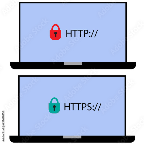 http and https protocols on white background. safe web surfing and data encryption sign. safe and Secure https symbol. flat style.