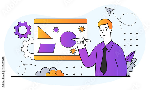 Graphic designer, freelancer or art director concept. Man draws abstract figures with stylus in program. Creative profession. Cartoon doodle flat vector illustration isolated on white background