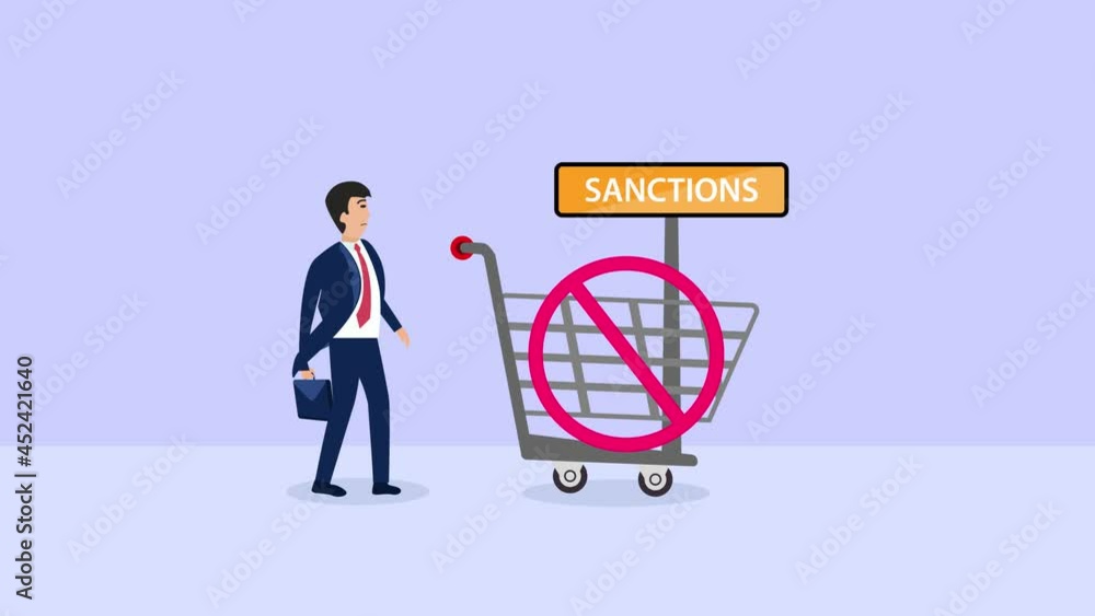 Man look at shopping cart with sanctions sign Man look at shopping cart with sanctions sign