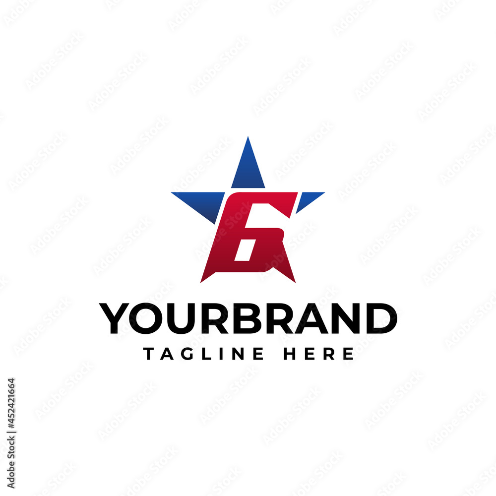 Number 6 logo or symbol template design, with blue star elements. star logo design concept template Number 6 logo or symbol template design, with blue star elements. star logo design concept template