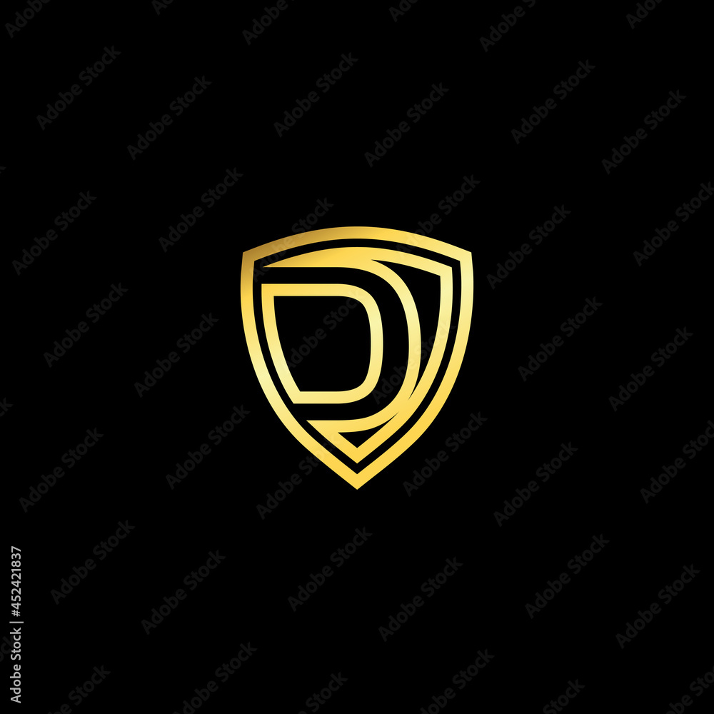 Letter D on a shield, isolated on a dark background. Luxurious, elegant, for branding purposes. Unique classy concept.. Letter shield logo design concept template Letter D on a shield, isolated on a dark background. Luxurious, elegant, for branding purposes. Unique classy concept.. Letter shield logo design concept template