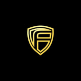 Letter F on shield isolated on dark background. Luxury, elegant, business logo vector template for branding purposes. Letter shield logo design concept template