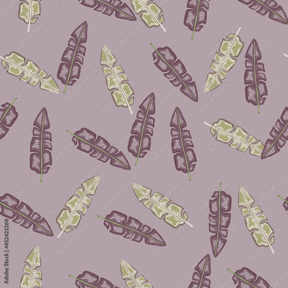 Random seamless botany pattern in pastel purple tones with doodle palm leaves print. Exotic ornament.