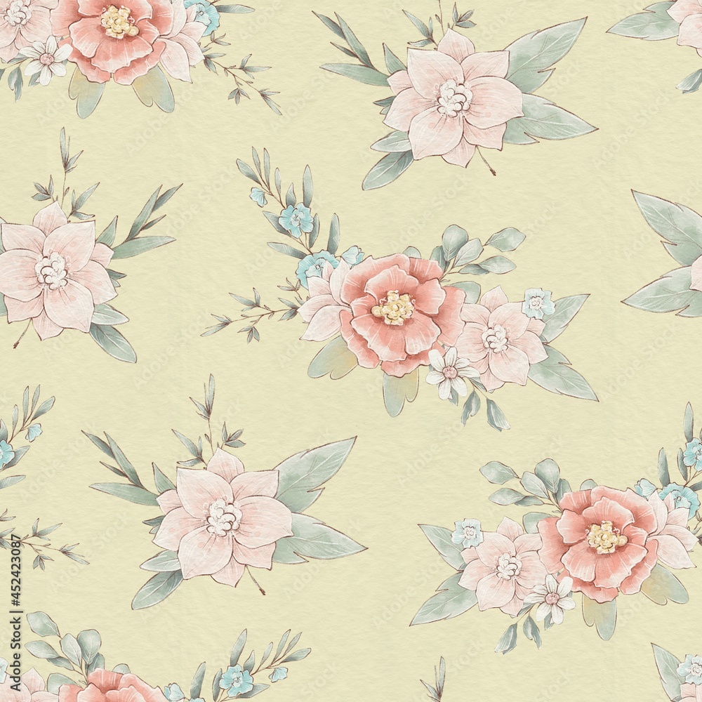 Seamless pattern with cute delicate spring flowers and leaves