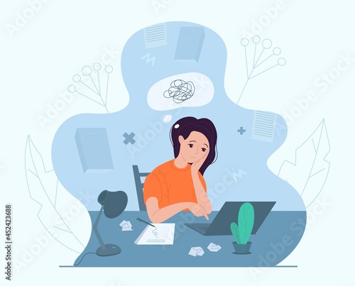 Female writer experiencing creative crisis, vector illustration. Anxiety, fatigue, headache, stress, depression, burnout