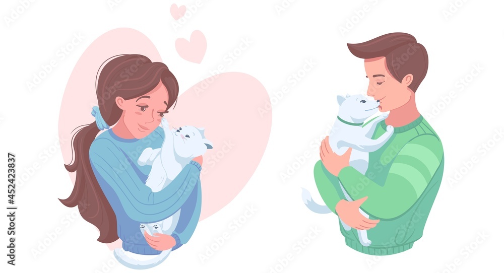 Happy pet owners with puppy and kitten, vector illustration. Girl and boy petting dog, cat. Domestic animals care, love. Happy pet owners with puppy and kitten, vector illustration. Girl and boy petting dog, cat. Domestic animals care, love.