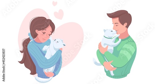 Happy pet owners with puppy and kitten, vector illustration. Girl and boy petting dog, cat. Domestic animals care, love.