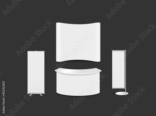 Advertising exhibition stand design with hexagonal white abstract background, 3d hexagons texture corporate identity style, vector illustration