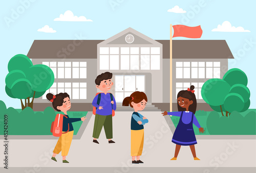 Bullying at school concept. Children offend their classmate and say unpleasant words. Female surrounded by the hands of her peers pointing at her. Upset girl crying. Cartoon flat vector illustration