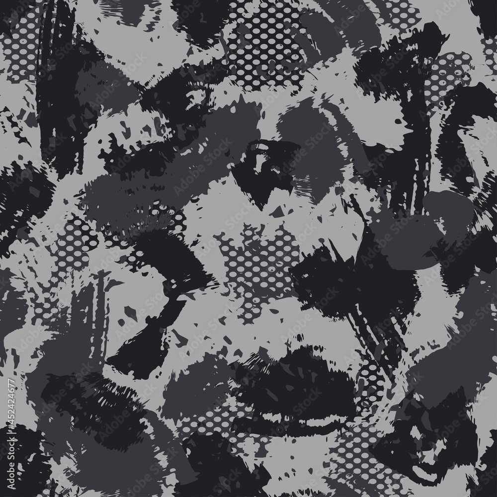 Urban dirty camouflage, modern fashion design. Camo military protective. Army uniform. Grunge pattern with grid. Black monochrome, fashionable, fabric. Vector seamless texture.