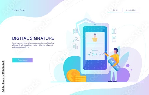 Digital signature landing page design, website banner vector template. Businessman signing contract on smartphone screen