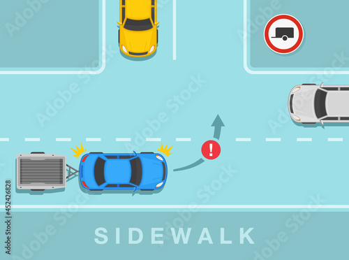 Driving a car. Towing caravan or trailer blue sedan car is about to turn on the road. No trailers traffic or road sign rule. Flat vector illustration template.