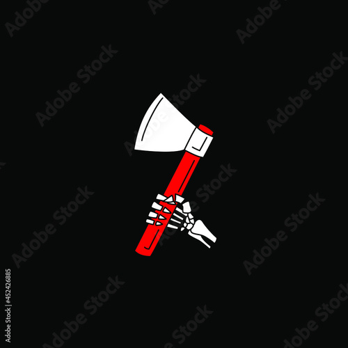 Vector illustration of the skeleton holding an axe. Horror art on black background.