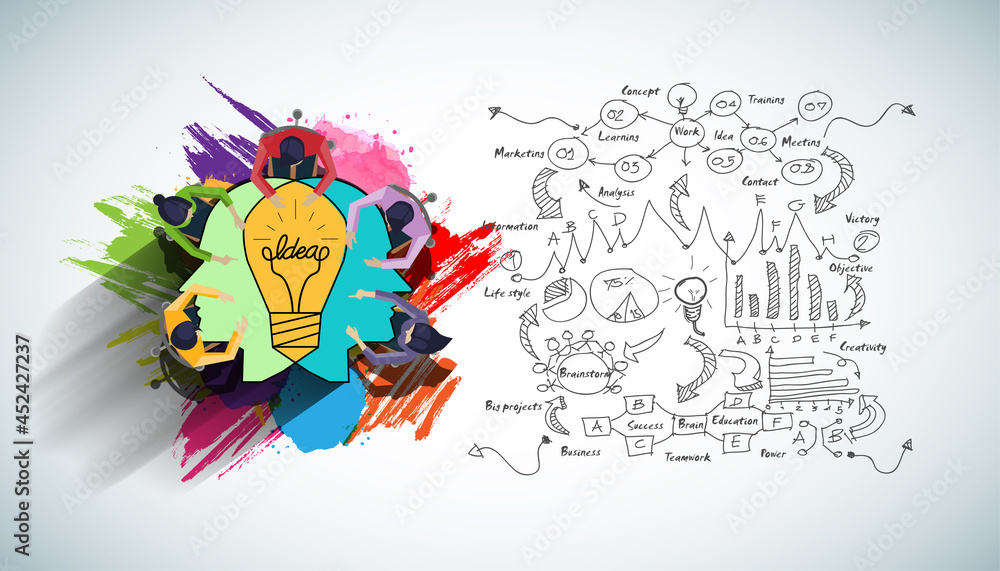 Obraz premium Businessman and Lady Brainstorm for Success with Human head Light bulb two heads ,business plan data - Creativity modern Idea and Concept illustration.