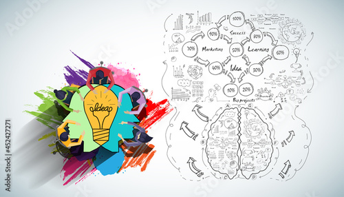 Fototapeta Naklejka Na Ścianę i Meble -  Businessman and Lady Brainstorm  for Success with Human head Light bulb two heads ,business plan  data  - Creativity modern Idea and Concept illustration.