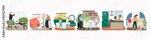 Home cleaning scene set, flat vector illustration. Housekeeping and dishwashing services. Daily housework routine.