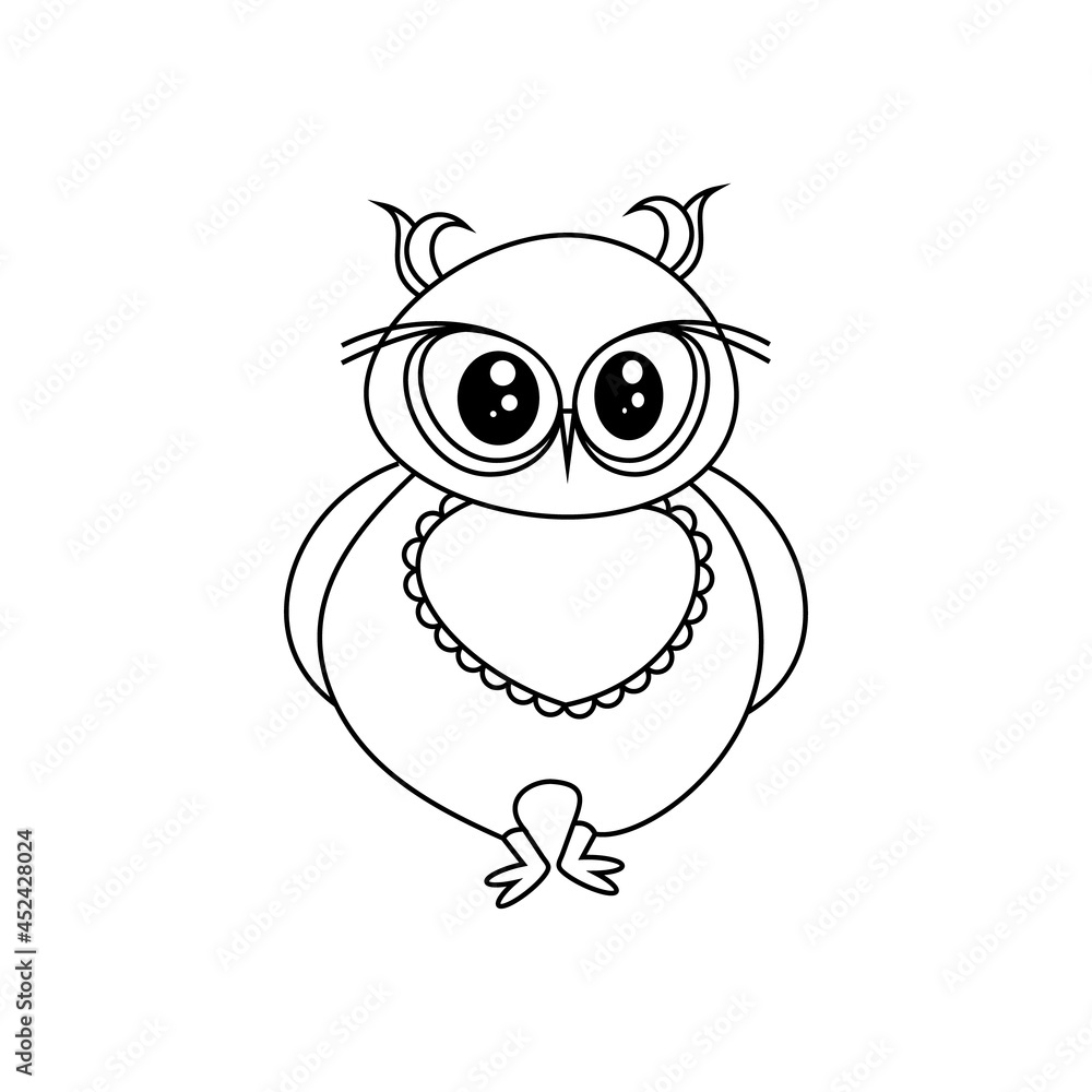 Naklejka premium Hand drawn cute owl on a white background, a tambourine. Line drawing for kids coloring. Vector, illustration