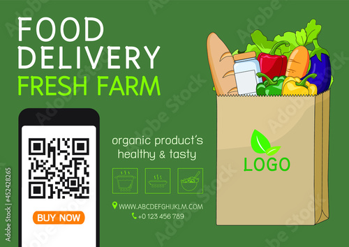 Healthy Organic Food for delivery service at home. Online order grocery shopping on touch screen. Vector illustration natural products for cooking food. Business and technology for good nutrition.