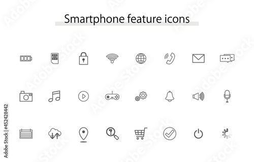 スマートフォンの機能イメージメージアイコンセット　モノクロ　正面