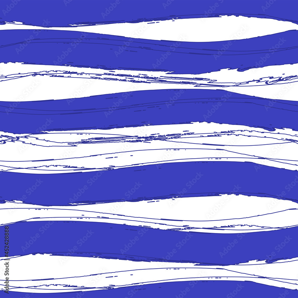 Blue waves background, hand draw brushes. Abstract ocean, sea. Seamless pattern, vector illustration, EPS 10