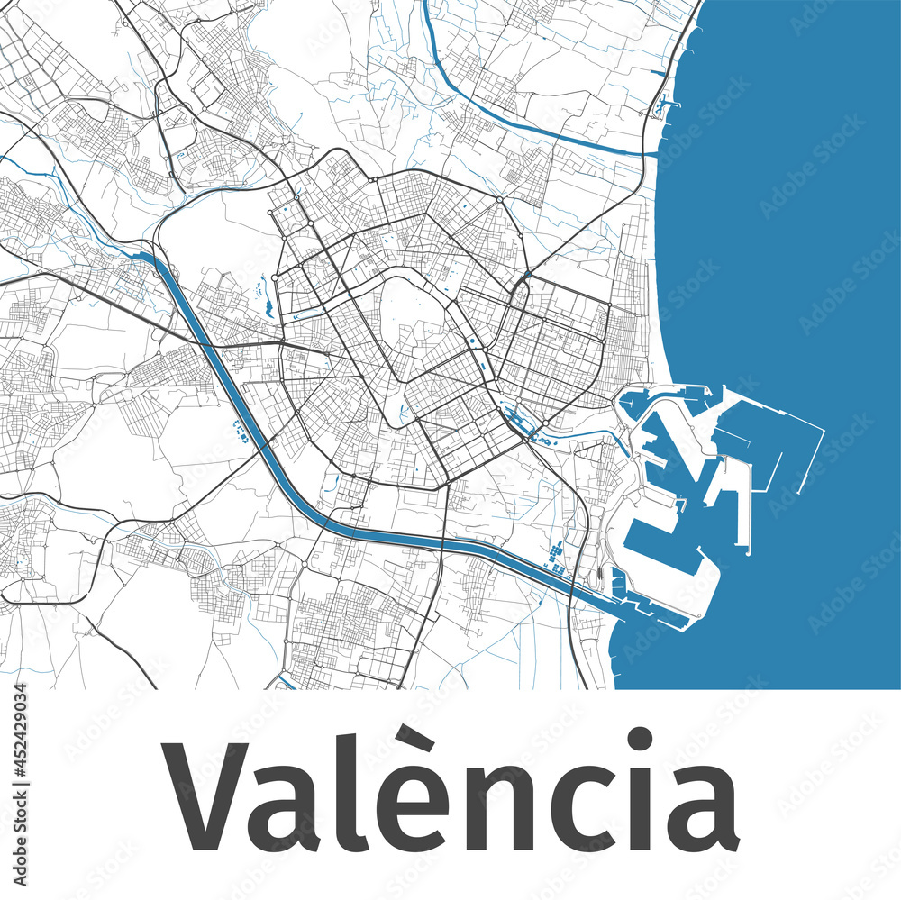 Valencia map. Detailed map of Valencia city administrative area. Cityscape urban panorama.