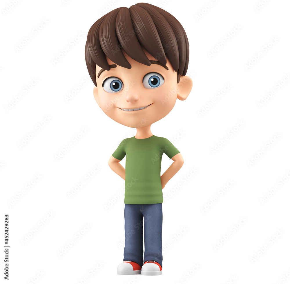 Shy cartoon character little boy. 3d render illustration.