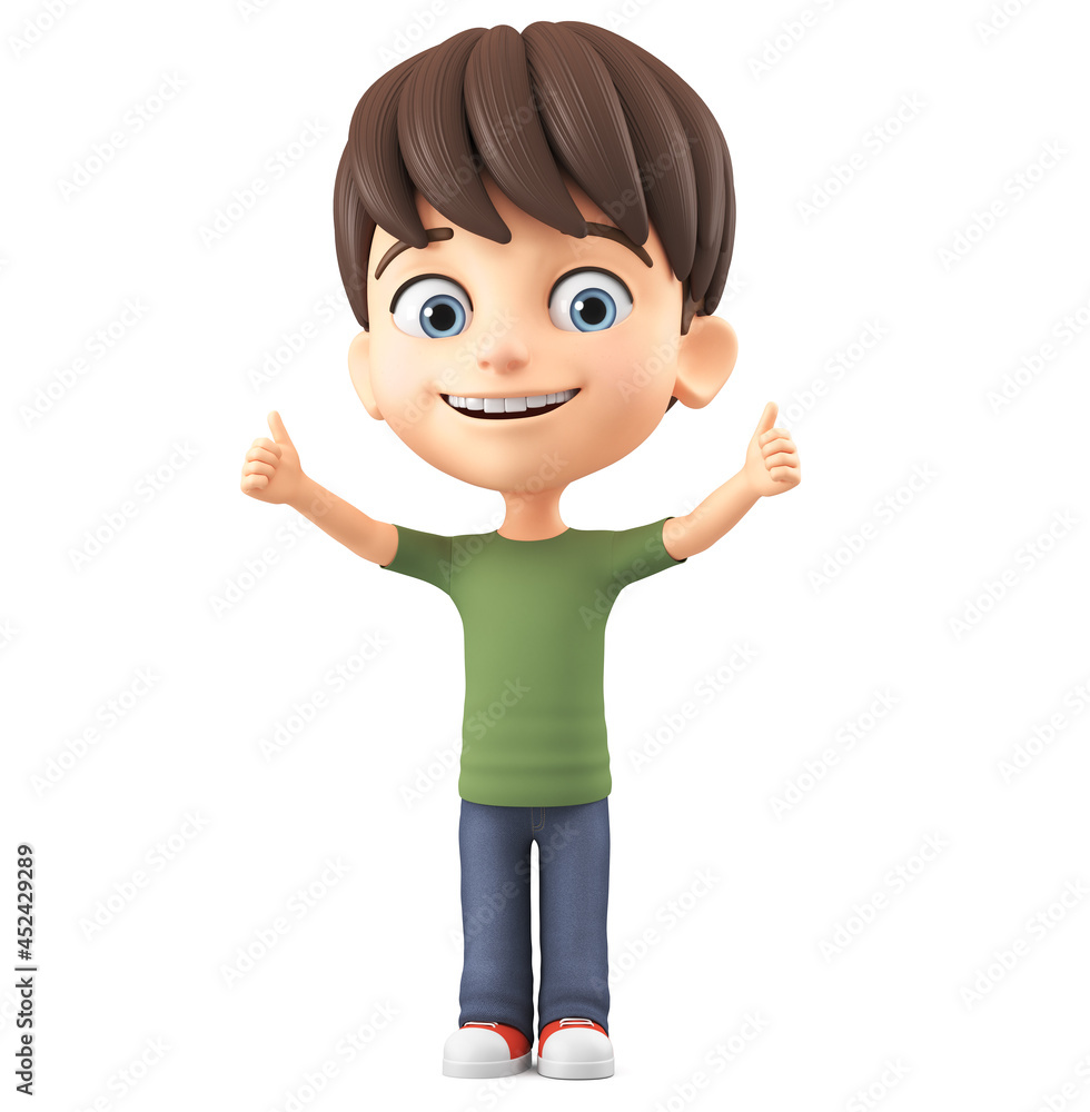 Cheerful cartoon character little boy showing two thumbs up on white isolated background. 3d render illustration.