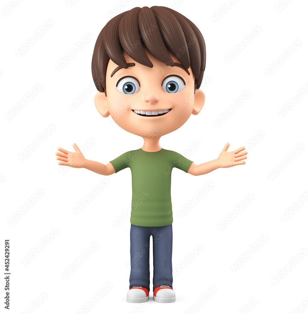 Cheerful cartoon character little boy smiling. 3d render illustration. Cheerful cartoon character little boy smiling. 3d render illustration.