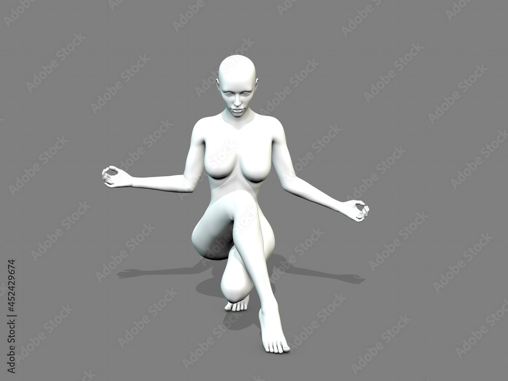 Woman practicing yoga, naked white dummy seating in Toe stand pose. Balance exercise. Meditation concept. 3D rendering illustration. Isolated on grey background. Front view. Woman practicing yoga, naked white dummy seating in Toe stand pose. Balance exercise. Meditation concept. 3D rendering illustration. Isolated on grey background. Front view.