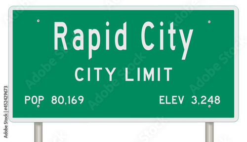 Rendering of a green South Dakota highway sign with city information
