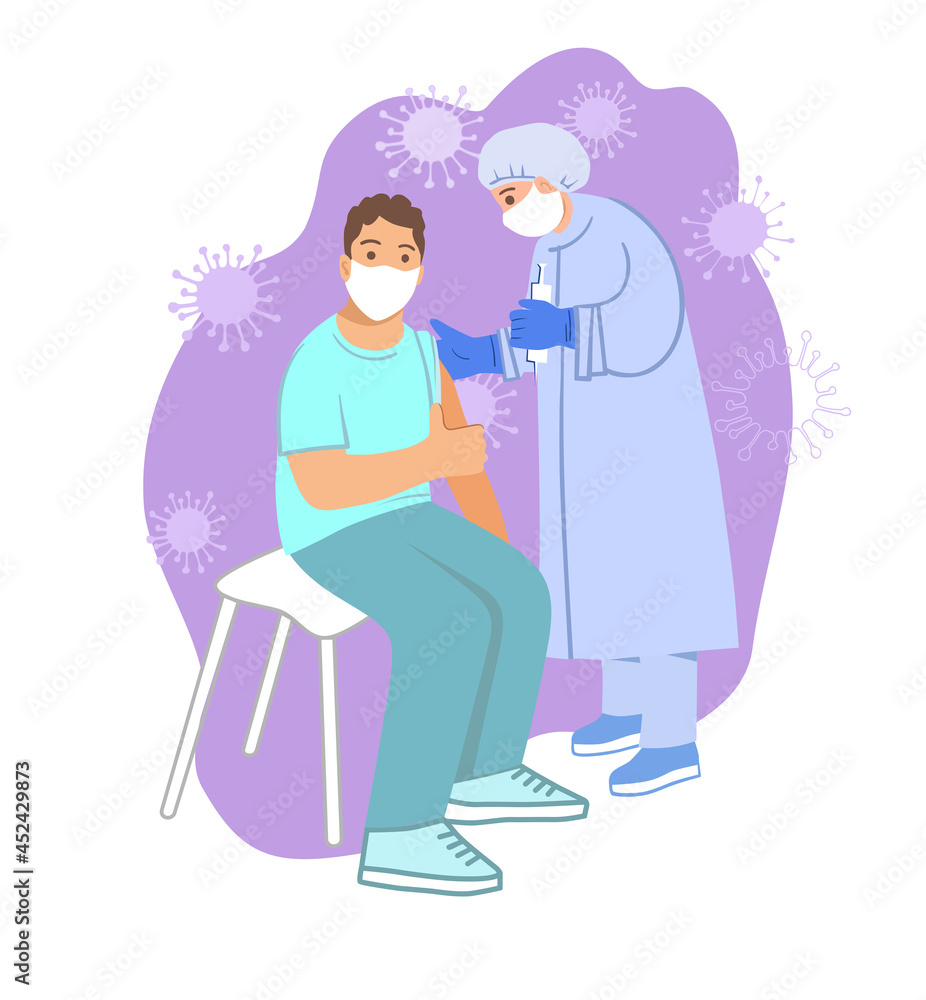 The man is pleased that he was vaccinated against covid. Doctor injecting a young man against coronavirus. Covid vaccine shot. Coloured flat vector illustration isolated on white background. The man is pleased that he was vaccinated against covid. Doctor injecting a young man against coronavirus. Covid vaccine shot. Coloured flat vector illustration isolated on white background.