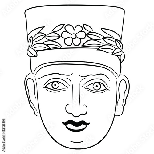 Female portrait from ancient Palmira. Head of a goddess or woman wearing tiara and floral wreath. Black and white linear silhouette. photo