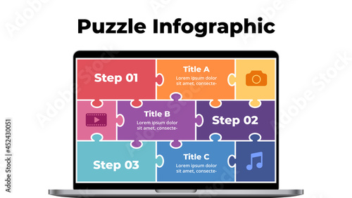 Macbook mock up. Puzzle laptop infographic slide template. Electronic device presentation. User interface and experience notebook screen. 