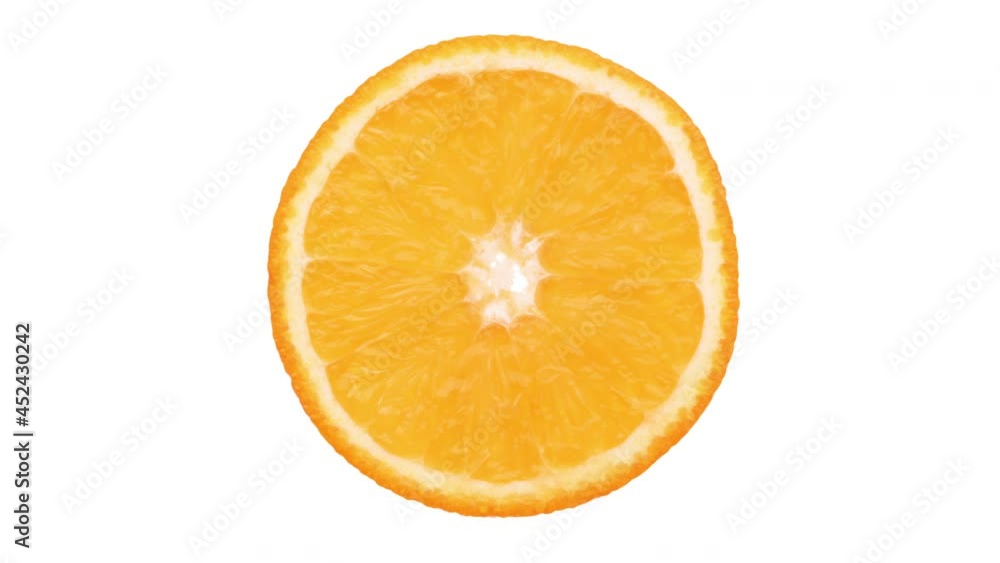 Round orange cross section cut rotating. Isolated on white background.
Round orange cross section cut rotating. Isolated on white background.