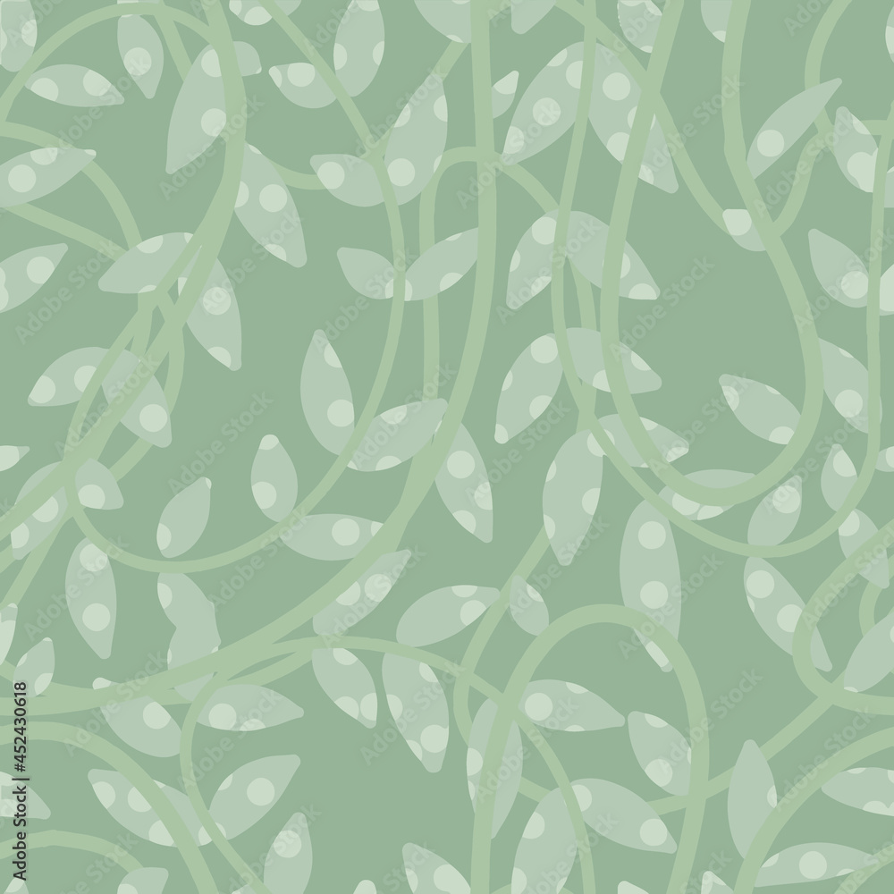 seafoam green seamless pattern with hand drawn leaves and liana branch