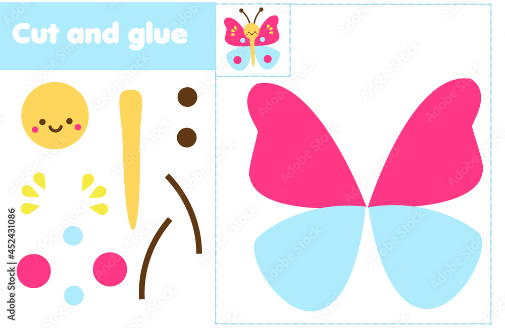 Cut and paste children educational game. Paper cutting activity. Make butterfly with glue and scissors. Stickers fun for toddlers