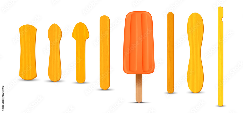 Set of realistic popsicle sticks. Orange ice cream 3D. Vector illustration, summer season. Set of realistic popsicle sticks. Orange ice cream 3D. Vector illustration, summer season.