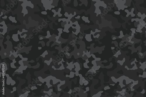 Black military background of soldier camouflaging, seamless pattern. Modern vector camo texture for army clothing.